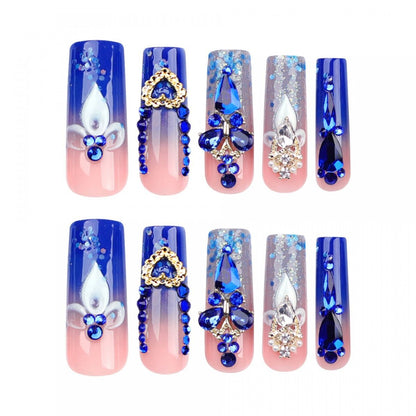 French Style Rhinestone Glitter Press-On Nails, Long Square Pipe Shape, Reusable False Nails
