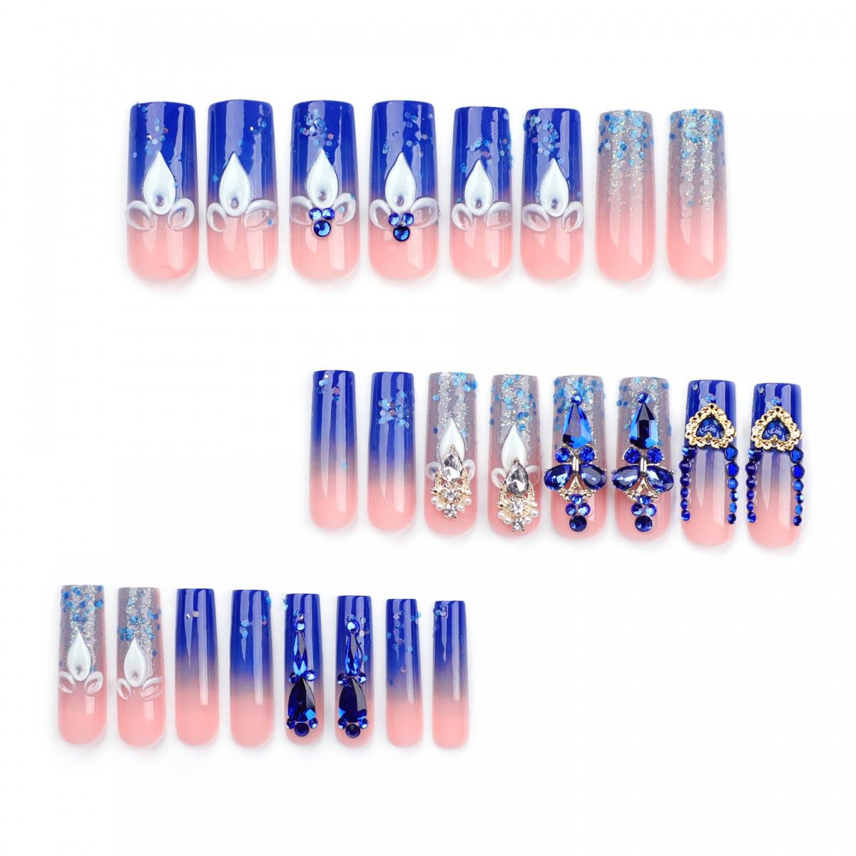 French Style Rhinestone Glitter Press-On Nails, Long Square Pipe Shape, Reusable False Nails