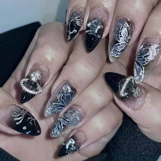 Trendy French Style Bling Rhinestone Ring Planet Short Almond Press On Nails Sweet & Edgy Reusable False Nails