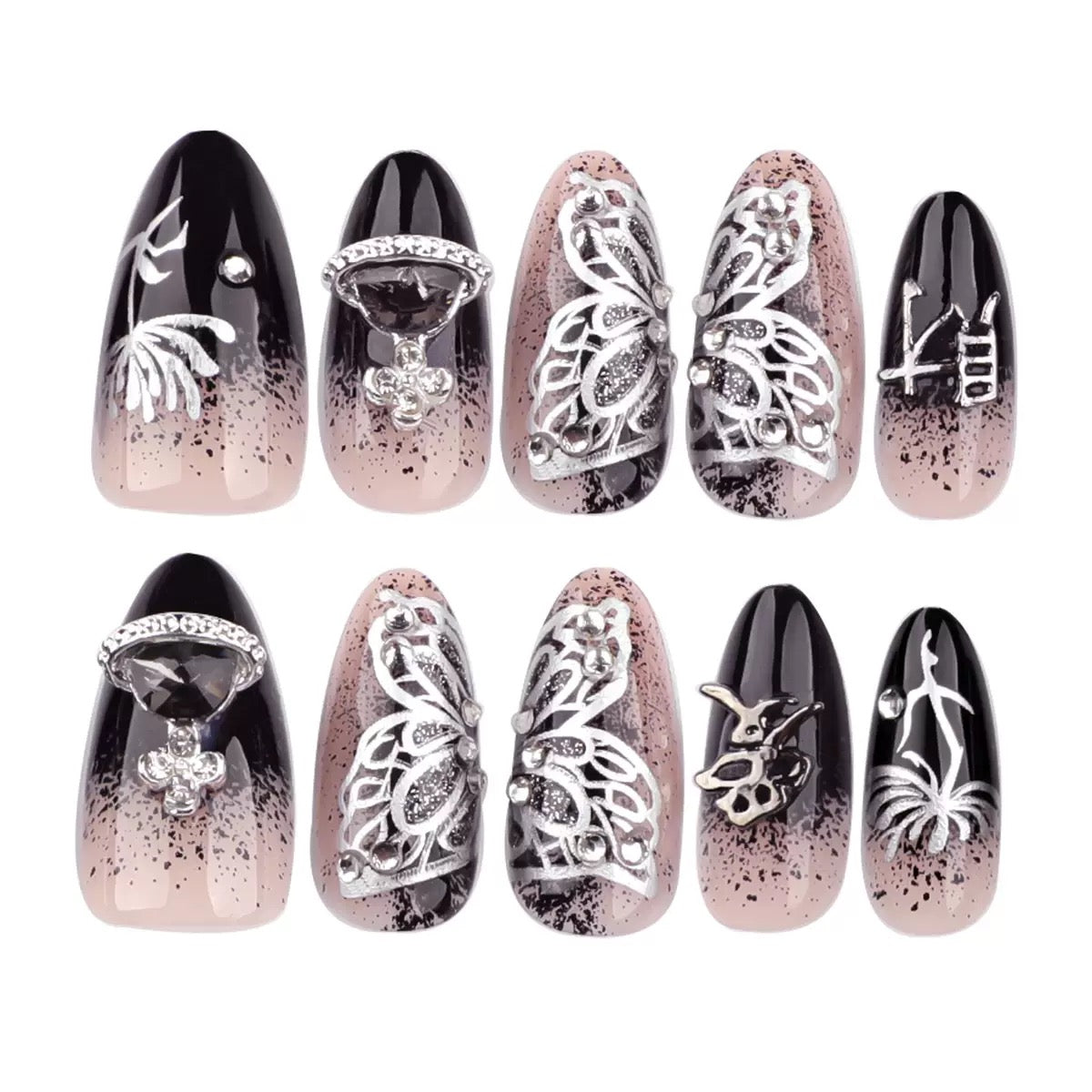Trendy French Style Bling Rhinestone Ring Planet Short Almond Press On Nails Sweet & Edgy Reusable False Nails