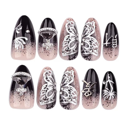 Trendy French Style Bling Rhinestone Ring Planet Short Almond Press On Nails Sweet & Edgy Reusable False Nails