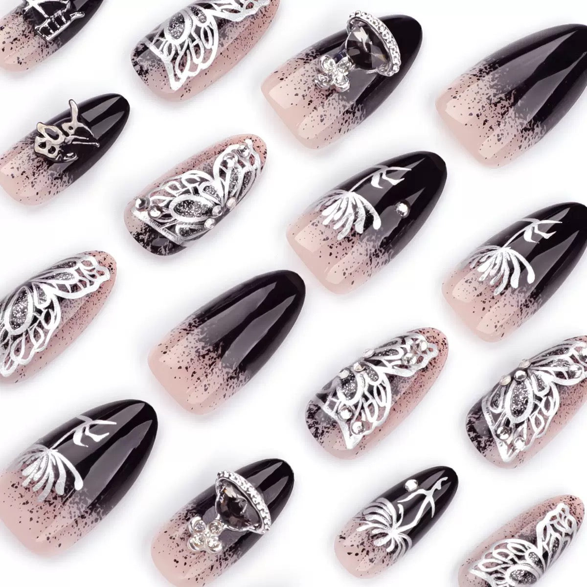 Trendy French Style Bling Rhinestone Ring Planet Short Almond Press On Nails Sweet & Edgy Reusable False Nails