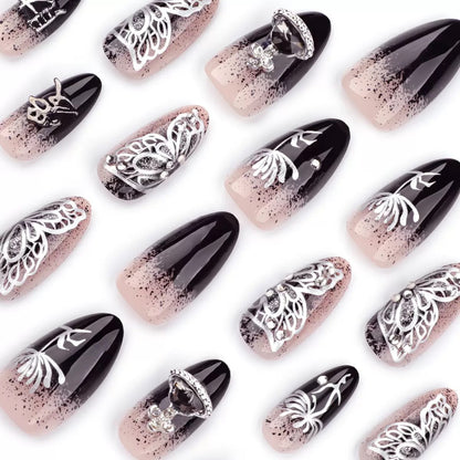 Trendy French Style Bling Rhinestone Ring Planet Short Almond Press On Nails Sweet & Edgy Reusable False Nails