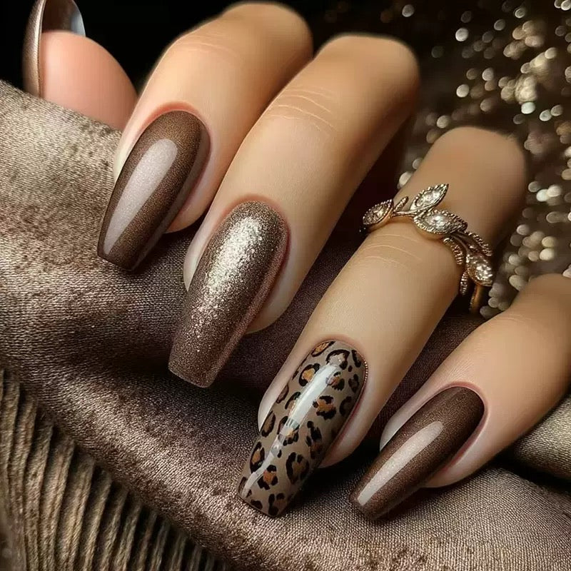 Mid-Length Caramel Fine Glitter Leopard Print Ballet Detachable Press-On Nails
