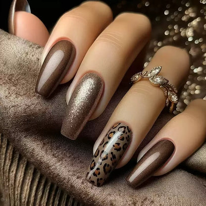 Mid-Length Caramel Fine Glitter Leopard Print Ballet Detachable Press-On Nails