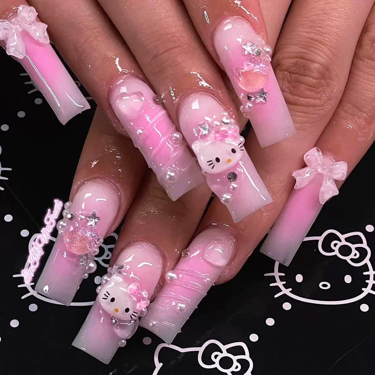 Cute Pink Kitty 3D Water Ripple Bow Press-On Nails