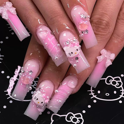 Cute Pink Kitty 3D Water Ripple Bow Press-On Nails