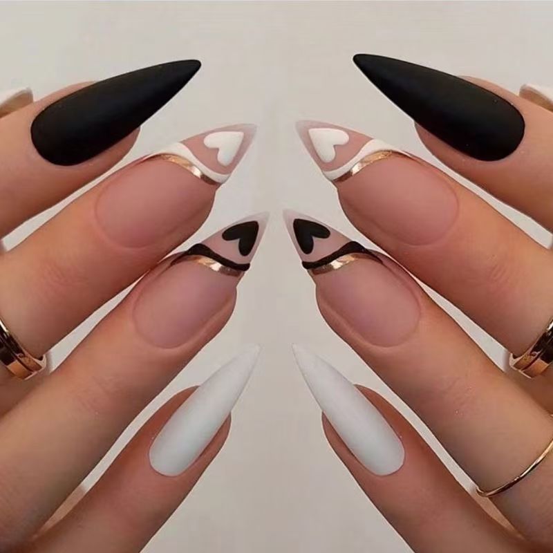 Black & White Heart Color-Block Ready-Made Press-On Nails