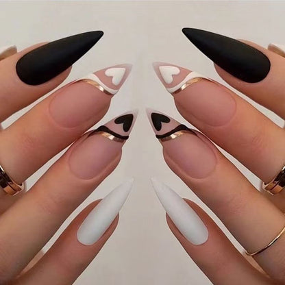 Black & White Heart Color-Block Ready-Made Press-On Nails