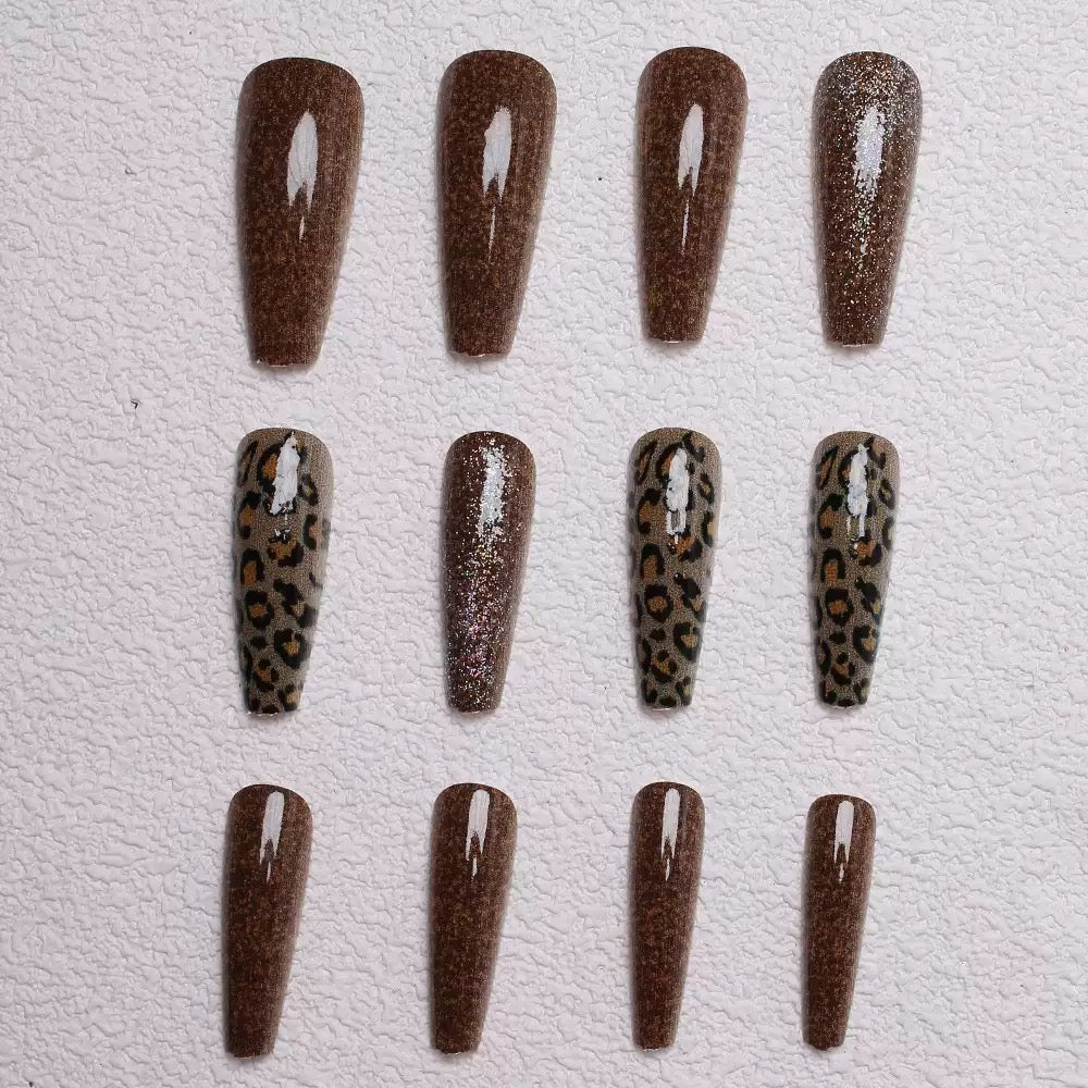 Mid-Length Caramel Fine Glitter Leopard Print Ballet Detachable Press-On Nails