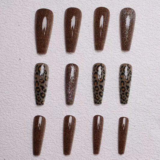 Mid-Length Caramel Fine Glitter Leopard Print Ballet Detachable Press-On Nails
