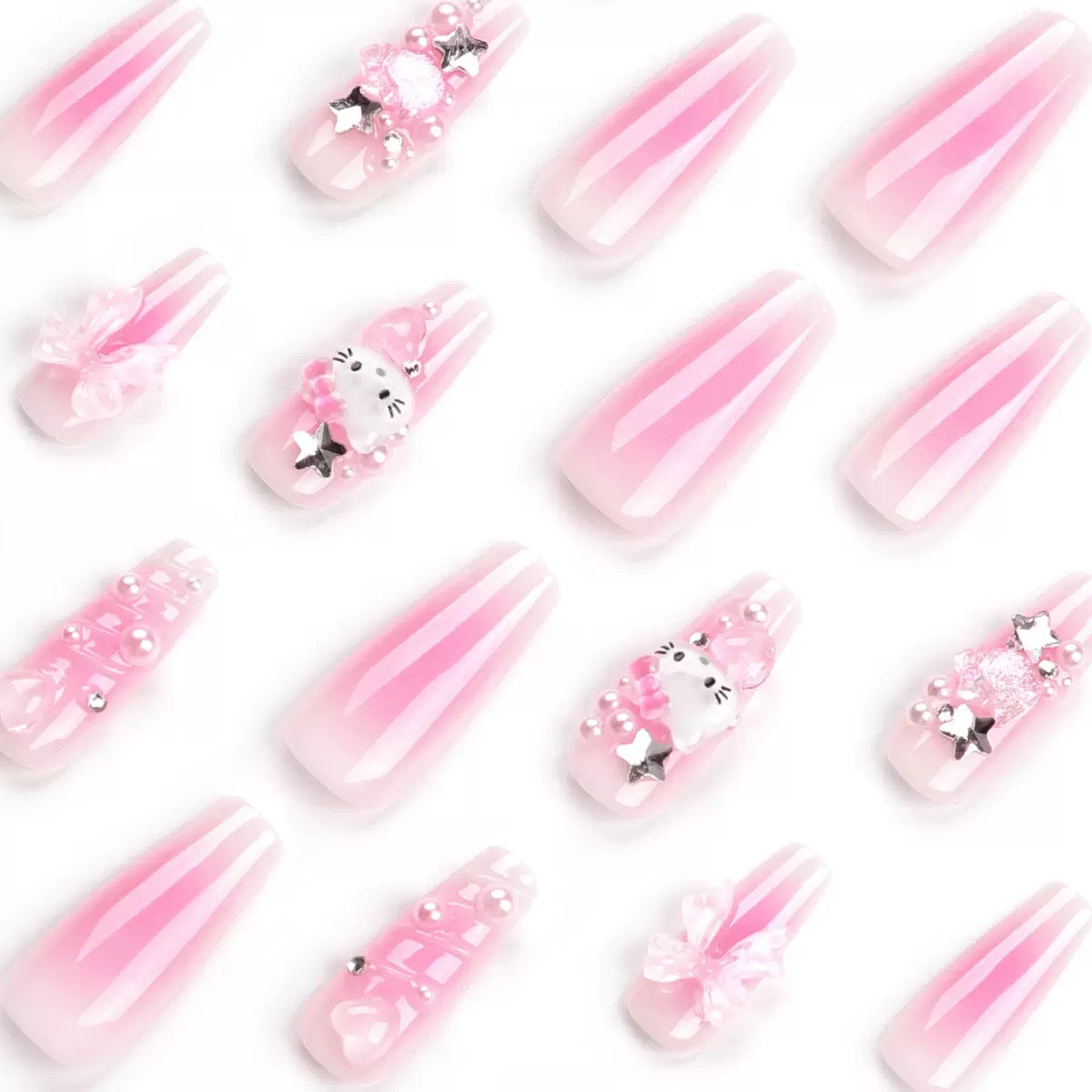 Cute Pink Kitty 3D Water Ripple Bow Press-On Nails