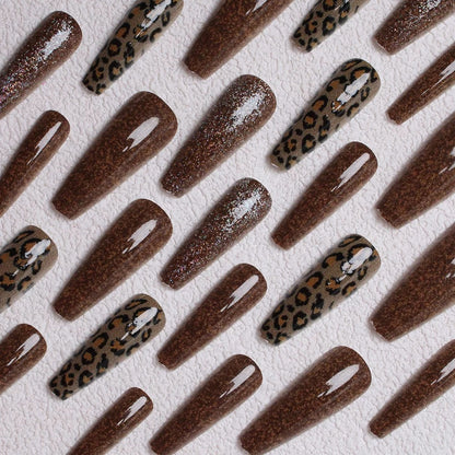 Mid-Length Caramel Fine Glitter Leopard Print Ballet Detachable Press-On Nails