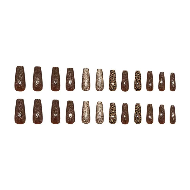 Mid-Length Caramel Fine Glitter Leopard Print Ballet Detachable Press-On Nails