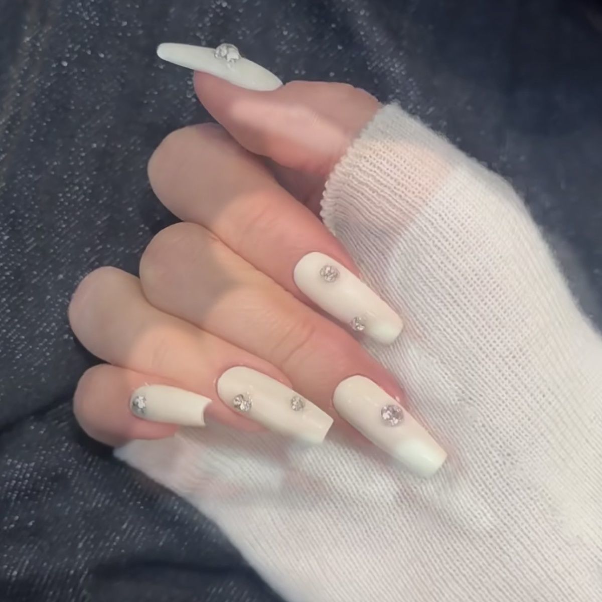 Milky White Cluster Rhinestone Press-On Nails