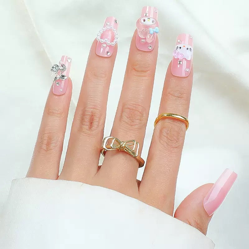 Medium-Length Nude KITTY Cat with Heart and Pearl Press-On Nails