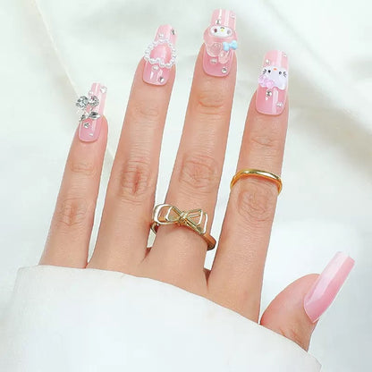 Medium-Length Nude KITTY Cat with Heart and Pearl Press-On Nails