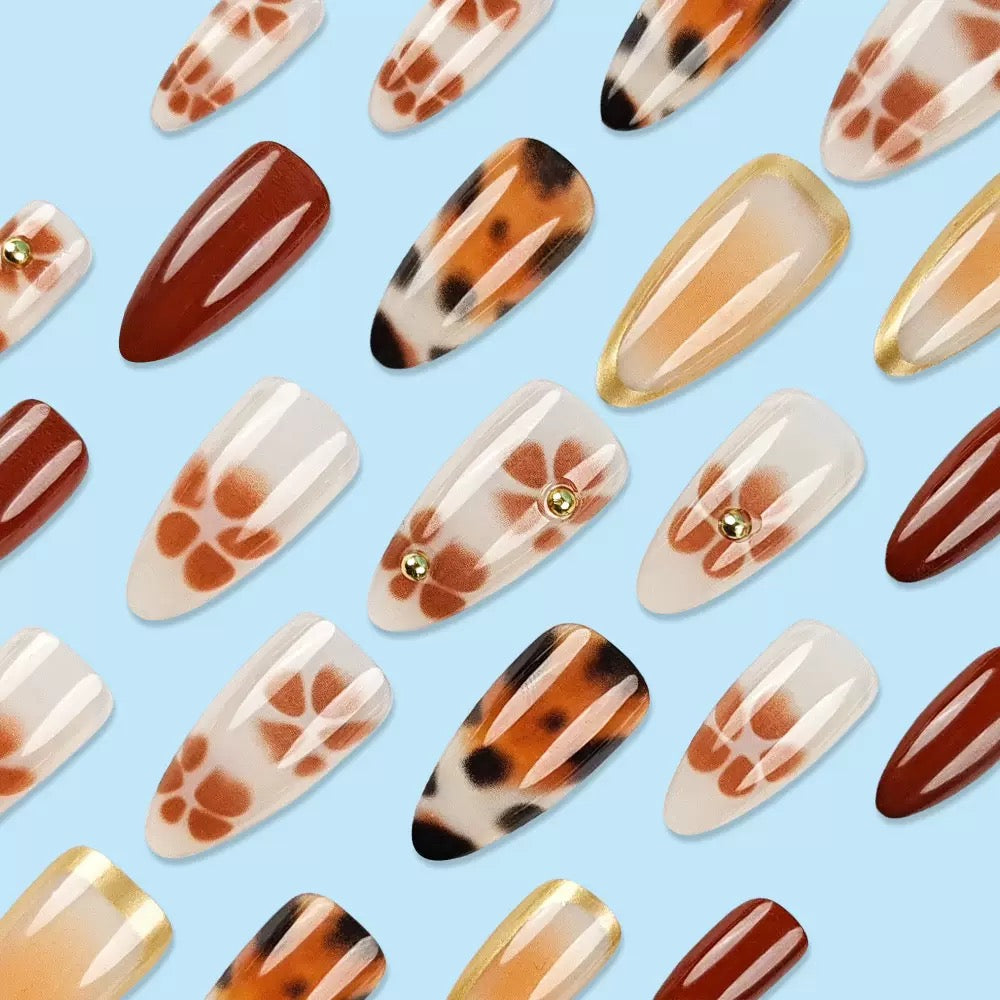 Hot Girl Leopard Brown Gradient Press-On Nails with Sparkling Rhinestones – Ready-to-Wear