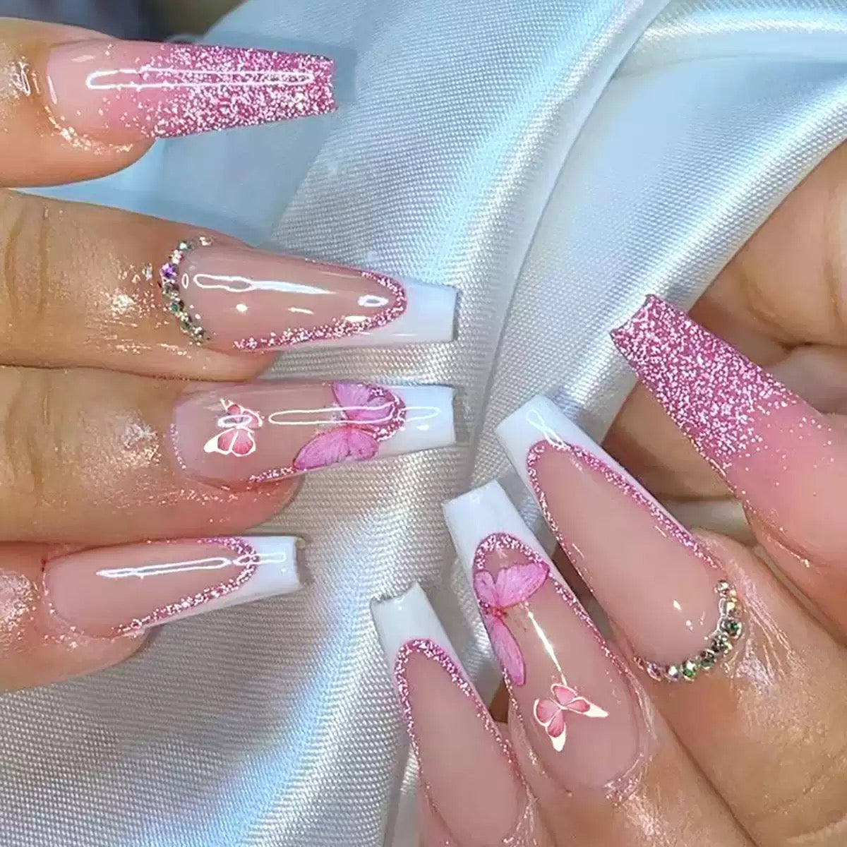 Valentine’s Day Long Ballet Pink Glitter French-Style Rhinestone Press-On Nails with Cute Butterfly Design