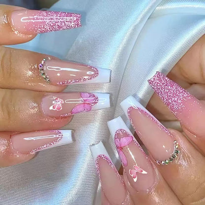 Valentine’s Day Long Ballet Pink Glitter French-Style Rhinestone Press-On Nails with Cute Butterfly Design