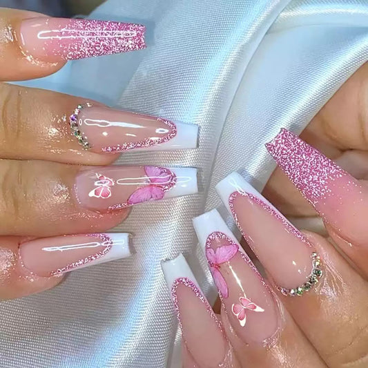 Valentine’s Day Long Ballet Pink Glitter French-Style Rhinestone Press-On Nails with Cute Butterfly Design