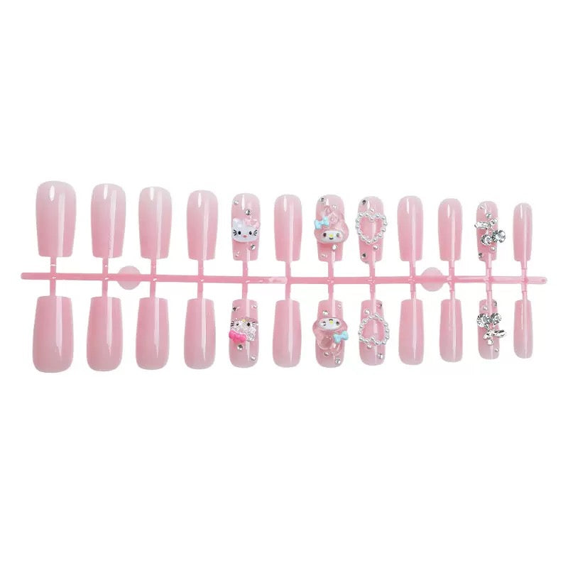 Medium-Length Nude KITTY Cat with Heart and Pearl Press-On Nails