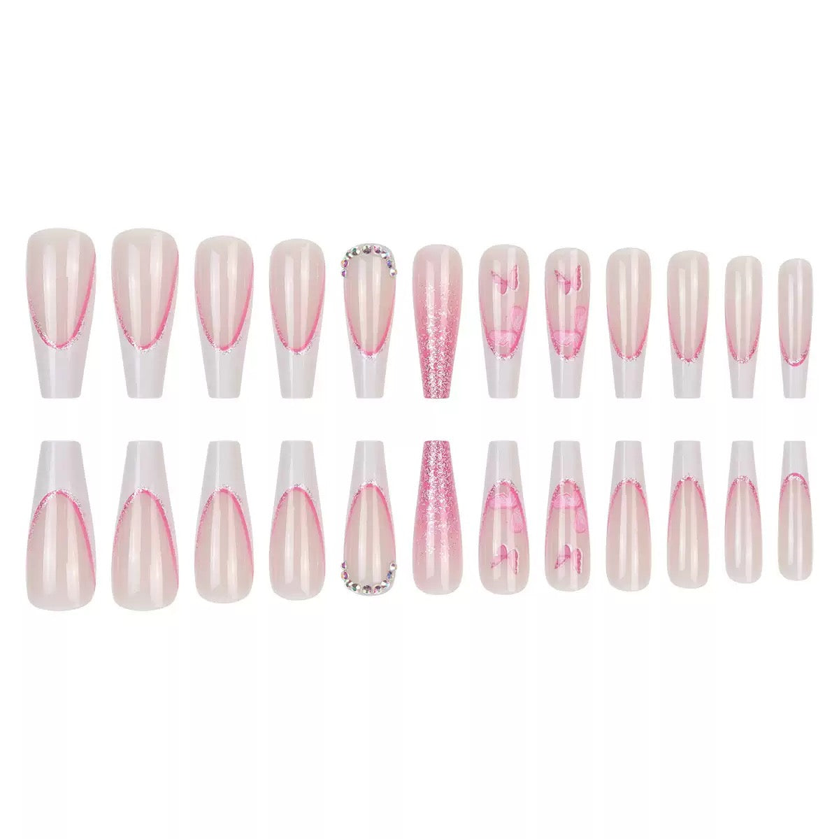 Valentine’s Day Long Ballet Pink Glitter French-Style Rhinestone Press-On Nails with Cute Butterfly Design