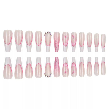 Valentine’s Day Long Ballet Pink Glitter French-Style Rhinestone Press-On Nails with Cute Butterfly Design