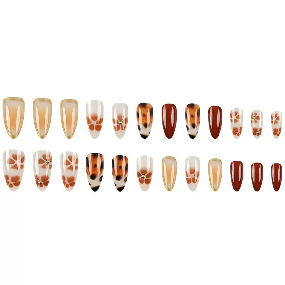 Hot Girl Leopard Brown Gradient Press-On Nails with Sparkling Rhinestones – Ready-to-Wear