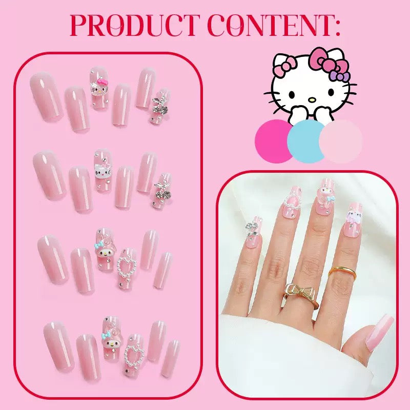 Medium-Length Nude KITTY Cat with Heart and Pearl Press-On Nails