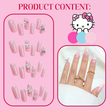 Medium-Length Nude KITTY Cat with Heart and Pearl Press-On Nails