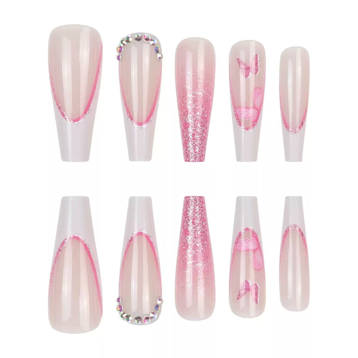 Valentine’s Day Long Ballet Pink Glitter French-Style Rhinestone Press-On Nails with Cute Butterfly Design