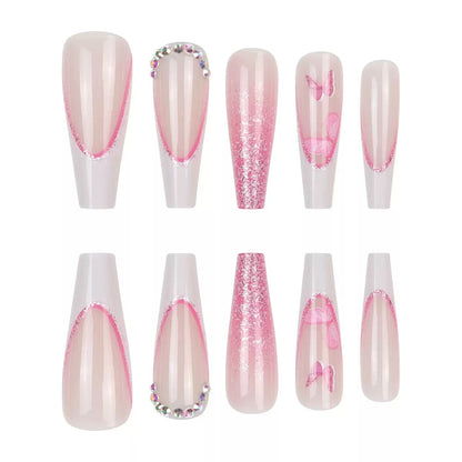 Valentine’s Day Long Ballet Pink Glitter French-Style Rhinestone Press-On Nails with Cute Butterfly Design