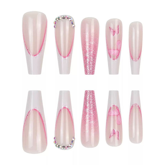 Valentine’s Day Long Ballet Pink Glitter French-Style Rhinestone Press-On Nails with Cute Butterfly Design