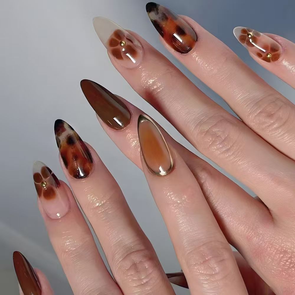 Hot Girl Leopard Brown Gradient Press-On Nails with Sparkling Rhinestones – Ready-to-Wear