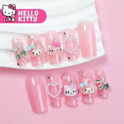Medium-Length Nude KITTY Cat with Heart and Pearl Press-On Nails