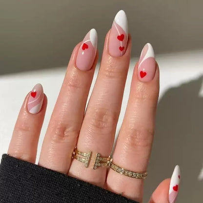 Valentine’s Day Sweet Heart White-Edged French Almond Press-On Nails