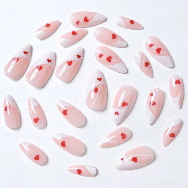 Valentine’s Day Sweet Heart White-Edged French Almond Press-On Nails
