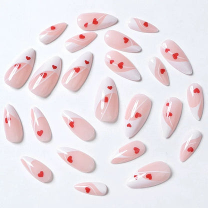 Valentine’s Day Sweet Heart White-Edged French Almond Press-On Nails