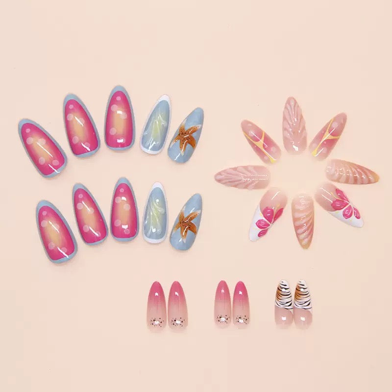 3D Blue Starfish & Shell Wave Pattern Sweet Detachable Press-On Nails