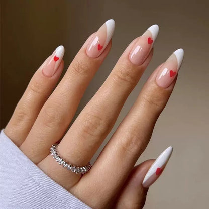 Valentine’s Day White-Edged French Red Heart Press-On Nails