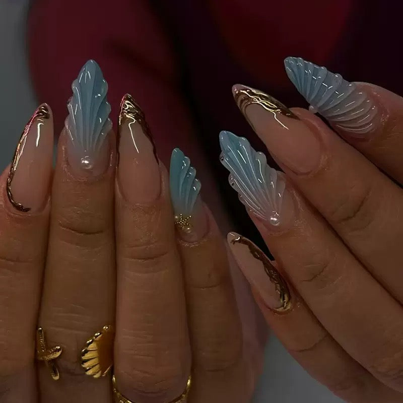 Medium-Length Almond Press-On Nails with Gradient Blue 3D Shell, Starfish & Pearl Elegant Detachable Design