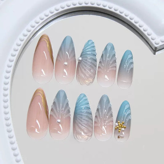 Medium-Length Almond Press-On Nails with Gradient Blue 3D Shell, Starfish & Pearl Elegant Detachable Design