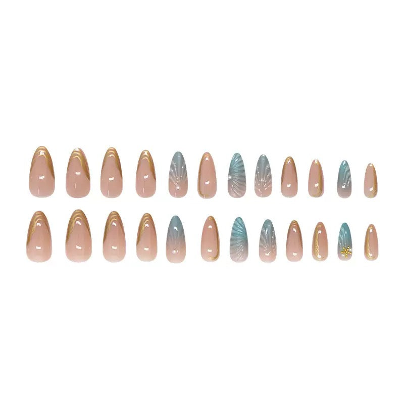 Medium-Length Almond Press-On Nails with Gradient Blue 3D Shell, Starfish & Pearl Elegant Detachable Design