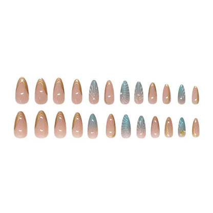 Medium-Length Almond Press-On Nails with Gradient Blue 3D Shell, Starfish & Pearl Elegant Detachable Design