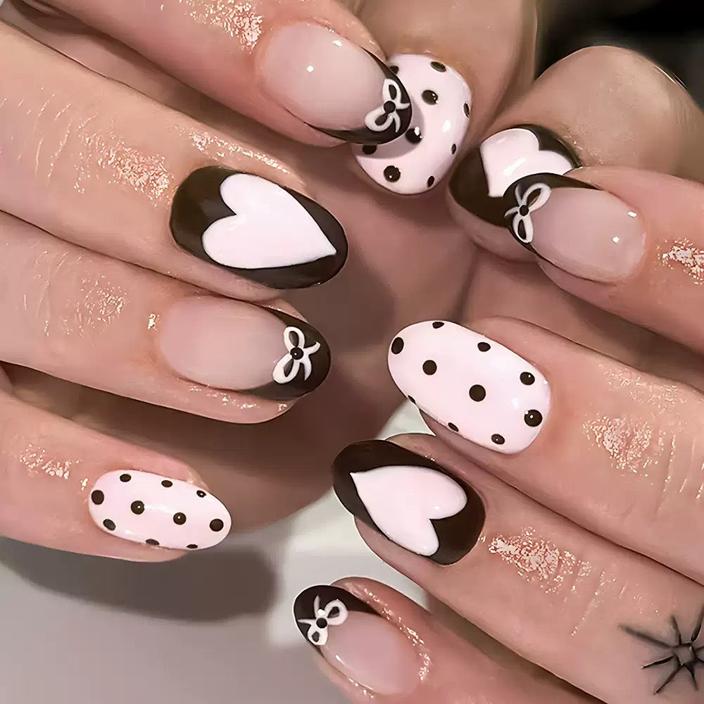 Valentine’s Day Pink Heart Polka Dot Bow Press-On Nails