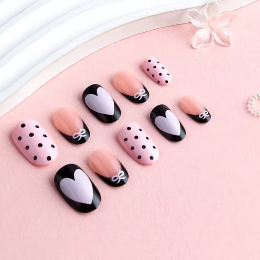 Valentine’s Day Pink Heart Polka Dot Bow Press-On Nails