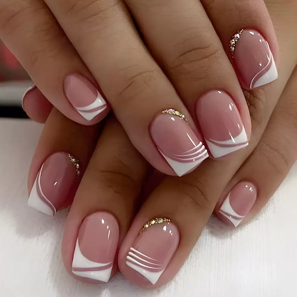 French Short Minimalist Glam Rhinestone Press-On Nails