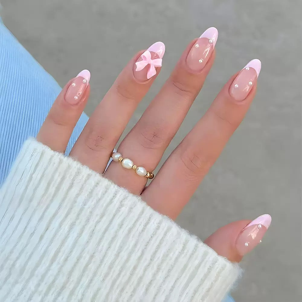 Valentine’s Day Pink Pearl Bow Removable Press-On Nails