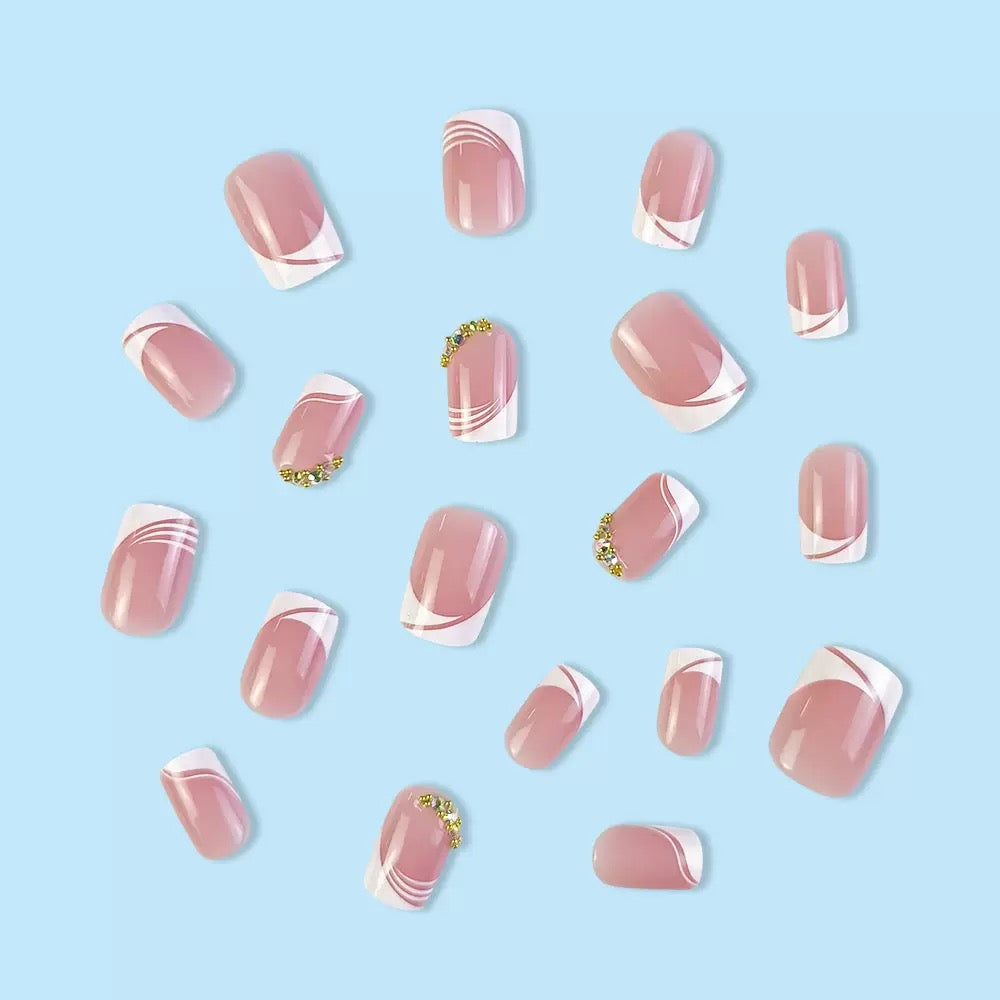 French Short Minimalist Glam Rhinestone Press-On Nails